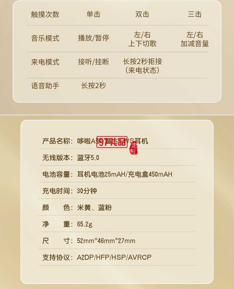哆啦A夢 藍(lán)牙耳機(jī)入耳式無線雙耳立體聲運(yùn)動(dòng) 復(fù)古TWS藍(lán)牙耳機(jī)