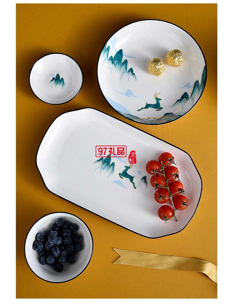 福鹿同行陶瓷餐具碗盤碟禮盒裝家用碗勺碗筷套裝開(kāi)業(yè)活動(dòng)送禮