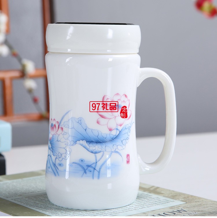 德化羊脂玉陶瓷水杯禮隨手杯商務禮品實用禮盒辦公杯帶把手