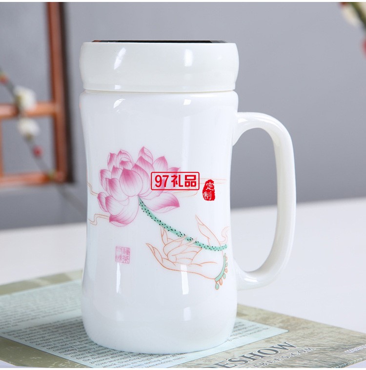 德化羊脂玉陶瓷水杯禮隨手杯商務禮品實用禮盒辦公杯帶把手